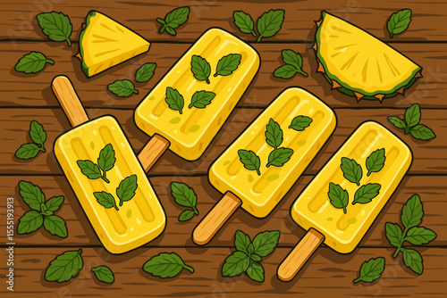 Pineapple Ice Pops with Fresh Mint Leaves on Rustic Wooden Table. Summer Tropical Dessert. Refreshing Fruit Popsicle. Cartoon Vector Illustration. Natural Ingredients. No Text.