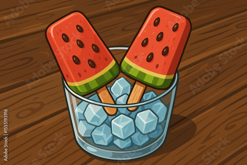 Refreshing watermelon popsicles on ice cubes in glass, summer dessert treat, cartoon vector illustration, rustic wooden table background, frozen fruit snack, sweet cold food concept