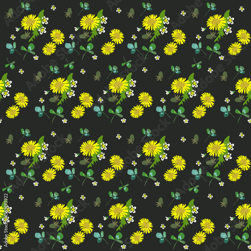 Vector pattern of green leaves of a grassy dandelion plant. Summer mood of nature. The earth is covered with leaves. For eco-design of textiles, packaging, backgrounds.