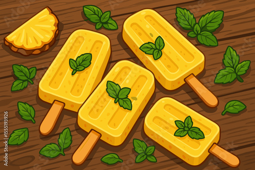 Pineapple popsicles with fresh mint leaves on rustic wooden table. Summer tropical fruit ice cream dessert. Cartoon vector illustration. Refreshing homemade yellow ice lolly. No text.