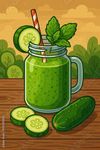 Fresh cucumber detox smoothie in mason jar with mint leaves, striped straw, sliced cucumber, whole cucumber on rustic wooden table, healthy green drink, cartoon vector illustration outdoors