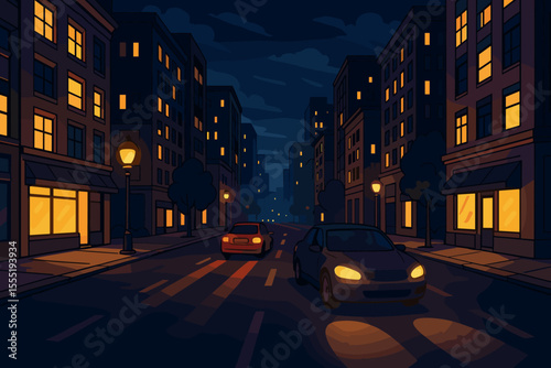 Night city street scene with glowing building windows, street lamps, cars with headlights and taillights, urban downtown road, evening traffic, vector cartoon illustration, no text, cityscape
