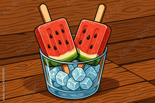 Watermelon Popsicles on Ice Cubes in Glass, Summer Refreshment Dessert, Wooden Table, Vibrant Cartoon Vector Illustration, Frozen Fruit Snack, Healthy Sweet Treat, No Text Design