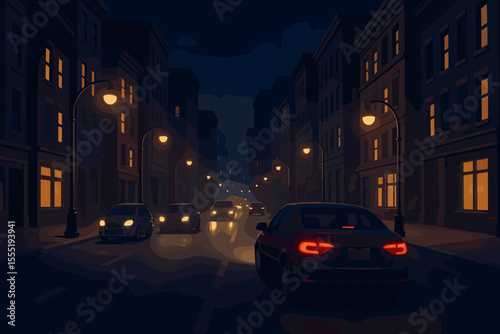 Night city street with glowing streetlights, illuminated windows, cars with headlights and taillights, urban road traffic, modern buildings, evening cityscape, vector cartoon illustration