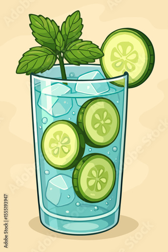 Refreshing summer drink with ice cubes, cucumber slices, fresh mint leaves in glass. Healthy detox water beverage. Cool hydration concept. Cartoon vector illustration for menu, cafe, bar, restaurant.