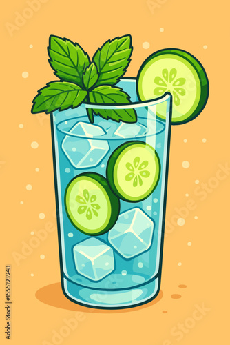 Refreshing cucumber mint water with ice cubes in glass, summer detox drink, healthy beverage illustration, cold infused water, fresh herbs, cartoon vector, hydration concept, no text