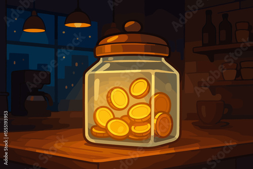 Glowing tip jar filled with gold coins on cozy cafe counter at night, warm ambient lighting, cartoon vector illustration, savings, gratuity, hospitality, restaurant, cash, evening atmosphere