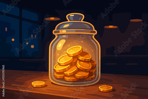 Glowing tip jar filled with gold coins on cozy cafe counter at night, warm ambient lighting, savings donation concept, cartoon vector illustration, financial support, money collection scene
