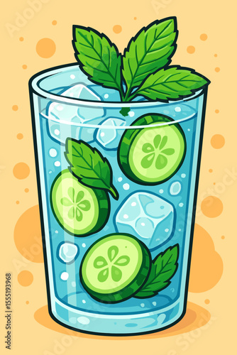 Refreshing cold drink with cucumber slices, mint leaves, ice cubes in clear glass. Summer beverage, detox water, healthy hydration, cartoon vector illustration, vibrant freshness concept