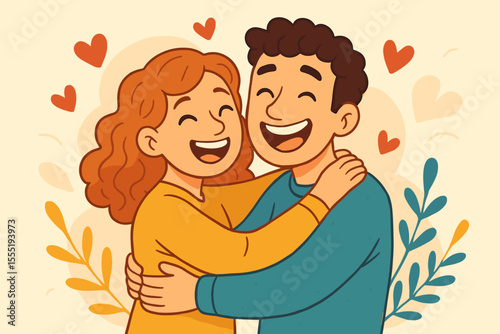 Happy couple hugging, joyful embrace, love and relationship, romantic partners, cheerful cartoon illustration, emotional connection, togetherness, affection, happiness, vector art