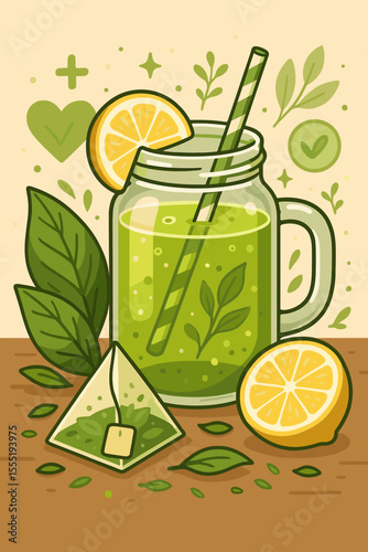 Fresh Green Tea with Lemon in Mason Jar. Healthy Herbal Drink. Detox Beverage. Tea Bag, Leaves, Citrus Slice. Refreshing Summer Wellness Concept. Vector Cartoon Illustration for Healthy Lifestyle