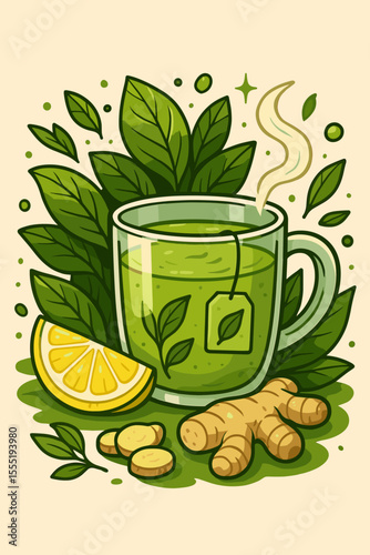 Green Tea Cup with Lemon, Ginger, and Fresh Leaves. Herbal Drink Illustration. Healthy Beverage, Detox, Wellness Concept. Steaming Hot Tea, Natural Ingredients, Vector Cartoon Food Art