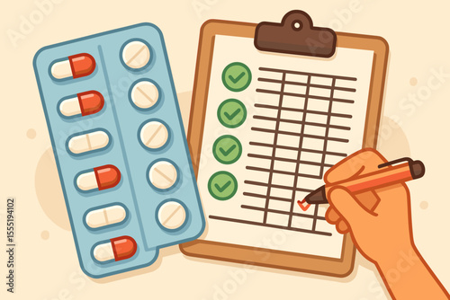 Medication adherence checklist with pill blister pack, clipboard, and hand marking schedule. Pharmacy reminder, prescription management, dosage tracking, healthcare routine vector cartoon illustration
