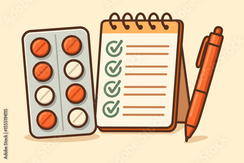Medication management checklist concept with blister pack pills, spiral notepad, pen. Daily pill organizer, treatment schedule, healthcare reminder, dosage tracking. Vector cartoon illustration