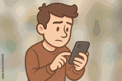 Cartoon man using smartphone, digital device interaction, technology addiction, mobile communication, casual lifestyle, modern youth, social media browsing, vector illustration, soft background