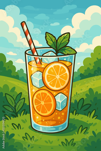 Refreshing summer drink with citrus orange slices, ice cubes, mint leaves, and striped straw in glass, cartoon vector illustration, outdoor nature picnic scene, cool beverage concept, no text