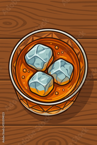 Top view of whiskey on the rocks in crystal glass, ice cubes floating in amber liquor, wooden table background, vector cartoon illustration, classic bar drink, refreshing alcohol beverage concept
