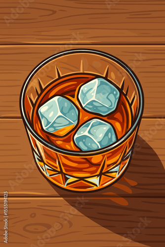 Classic whiskey on the rocks in crystal glass, top view illustration. Ice cubes in amber liquor, elegant cocktail on wooden table. Realistic vector art for bar, pub, drink, beverage concepts