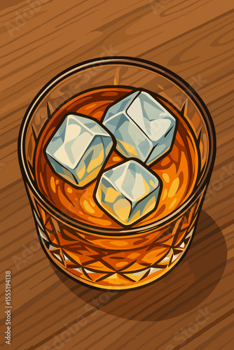 Whiskey on the Rocks in Crystal Glass Top View, Realistic Vector Illustration of Classic Alcoholic Drink with Ice Cubes, Wooden Table Background, Bar Beverage Concept, No Text