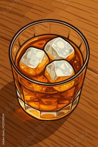 Classic whiskey on the rocks in crystal glass, top view. Realistic vector illustration of bourbon or scotch with ice cubes on wooden table. Alcoholic drink, bar menu, cocktail concept, no text