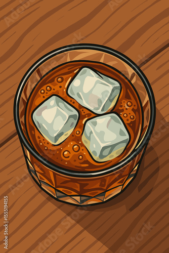 Whiskey on the Rocks in Crystal Glass, Top View. Realistic Vector Illustration of Classic Alcoholic Drink with Ice Cubes on Wooden Table. Bar Beverage, Cocktail, Refreshment, Party Concept