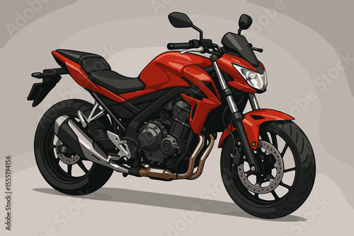 Modern red sport motorcycle vector illustration. Sleek naked bike design, aggressive styling, detailed frame and engine, studio background. Urban transport, motorbike, two-wheeler concept art.