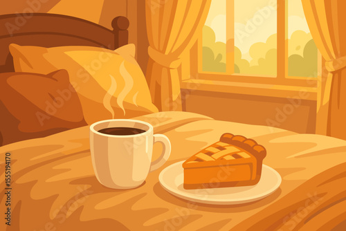 Cozy breakfast in bed with steaming coffee and slice of pie, sunlit bedroom interior, warm morning light, soft pillows, relaxing home comfort, vector cartoon illustration, peaceful lifestyle