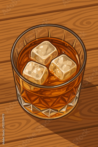 Classic whiskey on the rocks in crystal glass, top view. Vector illustration of bourbon or scotch with ice cubes on wooden table. Realistic alcohol drink, bar beverage, cocktail concept.