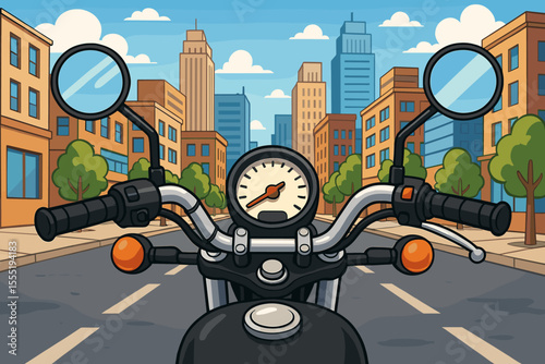 Motorcycle Handlebars Urban Street View, City Adventure Freedom Concept, Modern Buildings, Skyscrapers, Trees, Road Perspective, Cartoon Vector Illustration for Travel and Transportation Themes