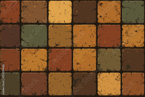 Rustic seamless tile pattern in warm earthy tones, vintage stone texture, distressed square blocks, retro ceramic floor, grunge background, old pavement, decorative wall surface vector illustration