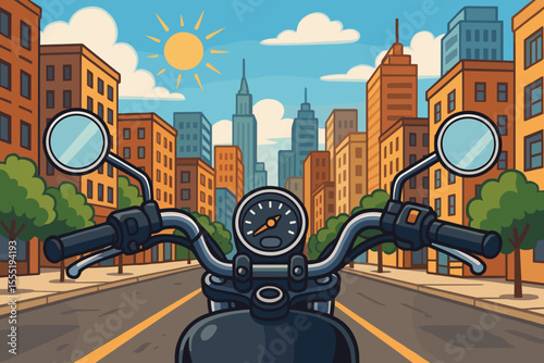 Motorcycle handlebars view on sunny city street, urban adventure, freedom, travel concept, downtown skyline, summer day, vector cartoon illustration, modern metropolis, road trip journey