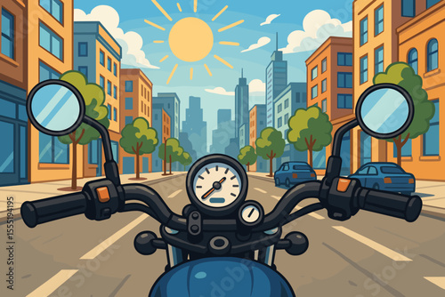 Motorcycle Handlebars Urban Street View, City Adventure Freedom Concept, Sunny Day Downtown Ride, Modern Cityscape, Summer Travel, Cartoon Vector Illustration, No Text, Vibrant Colors
