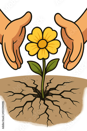 Resilient yellow flower blooming through cracked dry earth, protected by caring human hands. Hope, environmental conservation, growth, survival, nature protection, support. Vector illustration