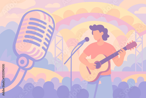 Pastel music festival illustration. Abstract cartoon guitarist performing on outdoor stage with large vintage microphone, colorful crowd, concert lights, summer event, live performance vector art