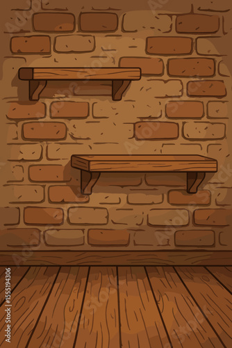 Rustic wooden shelves and floor with vintage brick wall background. Cozy interior scene, empty shelving, textured wall, cartoon vector illustration for home, cafe, or shop design projects.