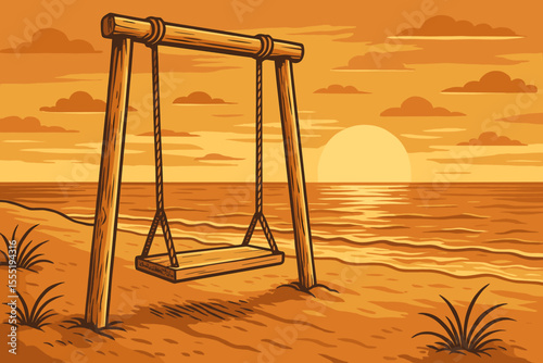 Vintage beach swing at sunset, nostalgic empty wooden swing on sandy shore, tranquil ocean waves, warm golden sky, peaceful summer evening, retro cartoon vector illustration, no text