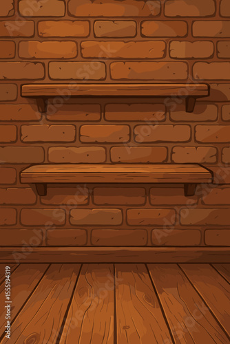 Rustic wooden shelves on vintage brick wall with wood floor. Interior background. Empty shelving. Cozy home decor. Retro loft style. Vector cartoon illustration. Room backdrop. No text space.