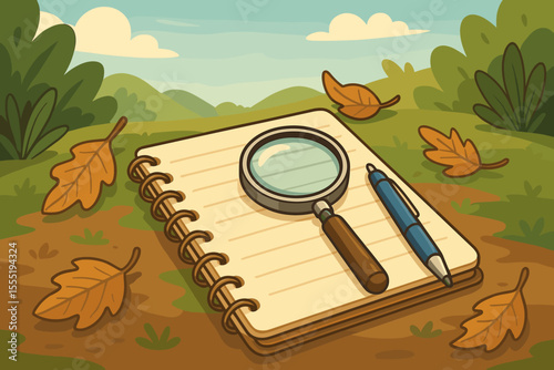 Nature exploration journal with magnifying glass and pen on spiral notebook, autumn leaves, outdoor adventure, scientific research, field study, cartoon vector illustration, discovery concept
