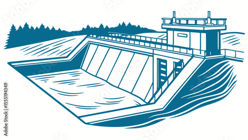 Blue Print Illustration of a Dam and Control Structure.