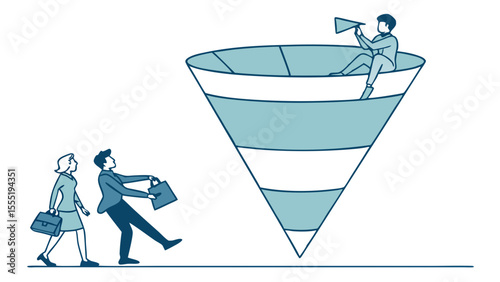 Business funnel illustration with people entering and a leader with megaphone.