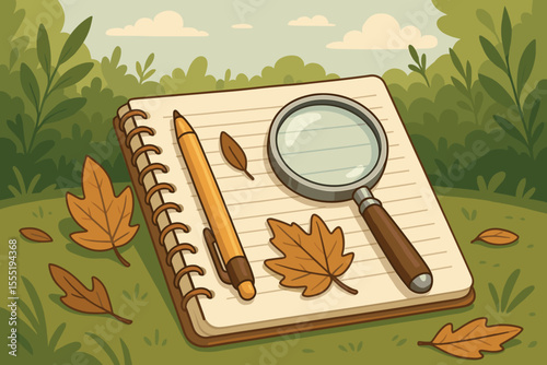 Nature exploration journal with magnifying glass, pen, spiral notebook, autumn dry leaves. Outdoor field study, botanical research, science education, cartoon vector illustration, forest background