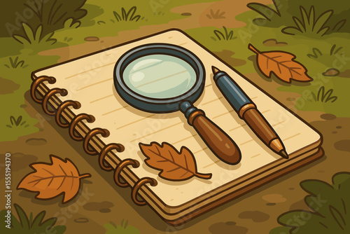 Nature exploration journal with magnifying glass, pen, spiral notebook, autumn dry leaves, outdoor forest setting. Vector cartoon illustration for education, research, adventure, discovery concept