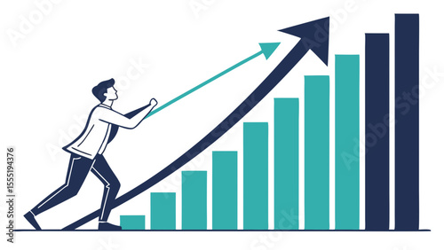 Businessman Pushing Upward on a Growing Business Bar Chart.