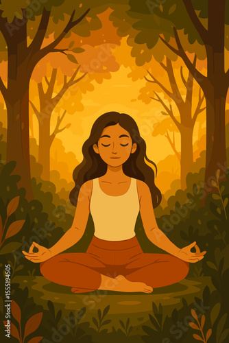 Tranquil woman meditating in peaceful forest at golden sunset, mindfulness yoga practice, nature retreat, relaxation, wellness, self-care, vector cartoon illustration, autumn woodland scene