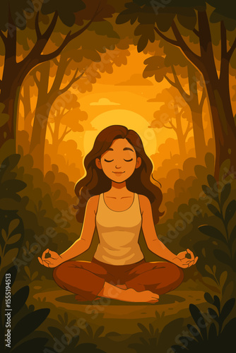 Peaceful woman meditating in tranquil forest at golden sunset, mindfulness yoga practice outdoors, nature relaxation, self care, wellness retreat, calm atmosphere, vector cartoon illustration
