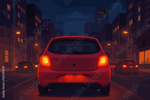 Night city traffic scene with rear view of red compact car, glowing brake lights, illuminated street lamps, urban buildings, evening drive, modern cityscape, vector illustration, no text