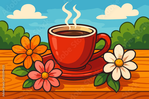Vibrant red coffee cup with steaming hot drink on wooden table, surrounded by colorful blooming flowers, outdoor garden scene, cheerful cartoon vector illustration, morning relaxation concept