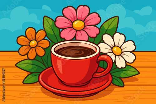 Bright red coffee cup with hot drink on wooden table, surrounded by colorful blooming flowers, green leaves, blue sky background. Cheerful morning breakfast vector cartoon illustration