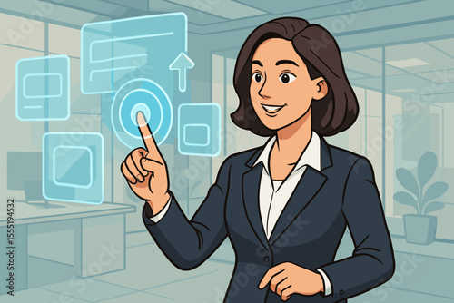 Businesswoman selecting digital options on futuristic holographic interface in modern office. Technology innovation, digital transformation, touchscreen interaction. Vector cartoon illustration.