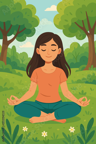 Peaceful woman practicing yoga meditation outdoors in lush green park, mindfulness, relaxation, healthy lifestyle, nature, wellness, cartoon vector illustration, self-care, stress relief